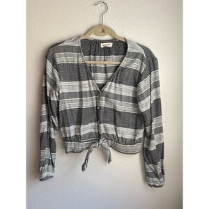 Bella Dahl Size S Black & Gray Striped Button Down Twist Front Crop Top